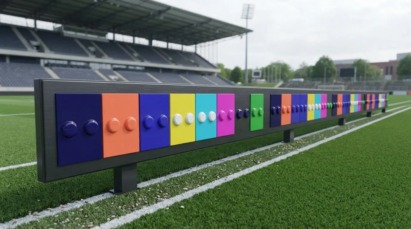 Dreidimensionale Leiste aus bunten Stadionsegmenten auf einer horizontalen Linie