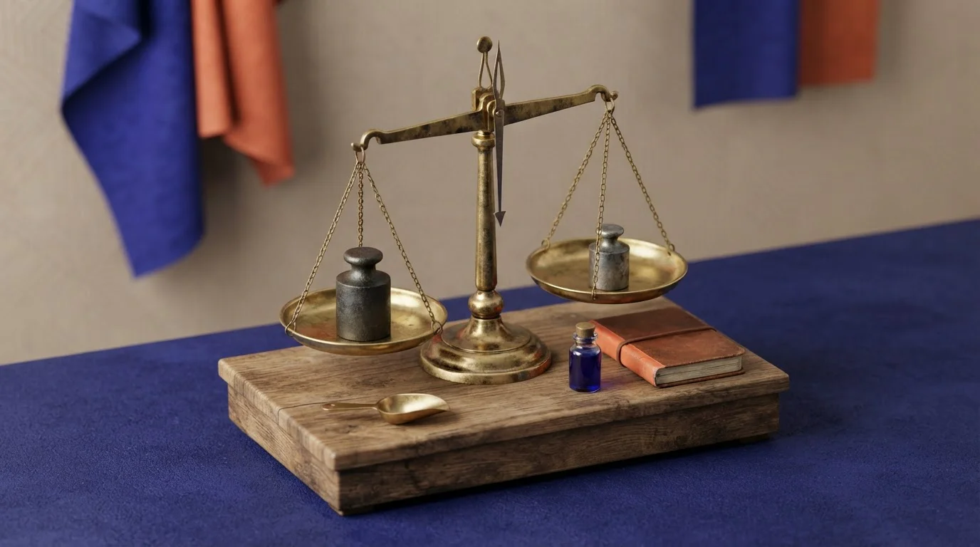 Zwei Waagschalen auf einem Holzsockel neben farbigen Markierungssteinen