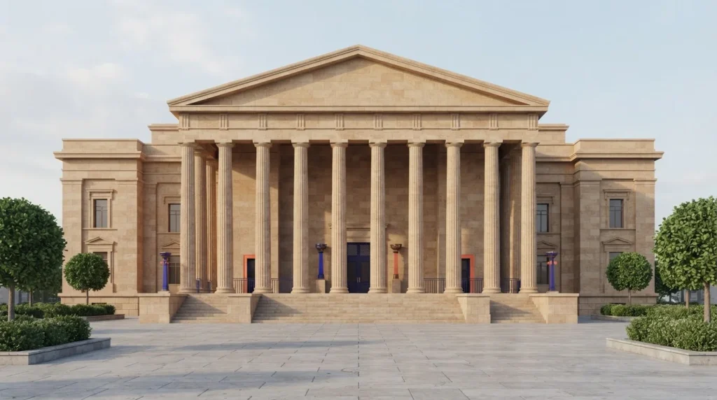 Säulengebäude mit rechteckigen Archivfächern und breiten steinernen Treppen