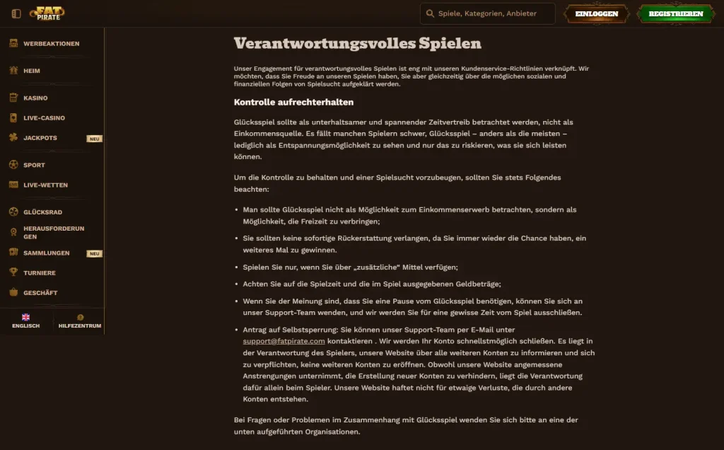Deutsche FatPirate-Seite mit Hinweisen zu Spielpausen und Selbstausschluss