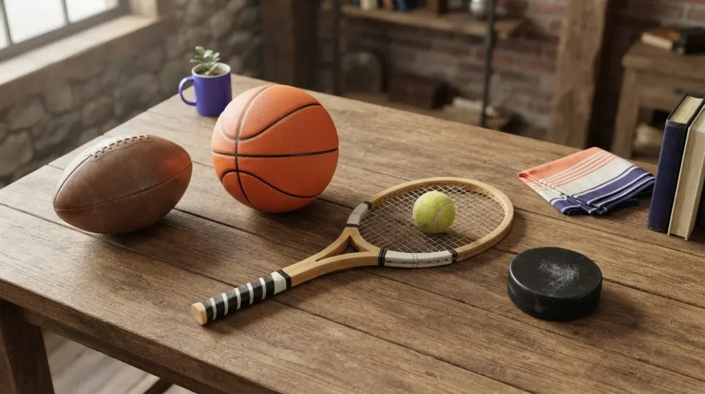 Fußball, Basketball und Tennisschläger auf einem Holztisch von oben