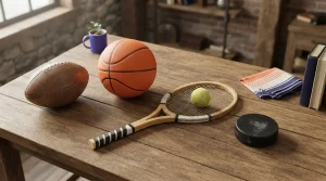Fußball, Basketball und Tennisschläger auf einem Holztisch von oben
